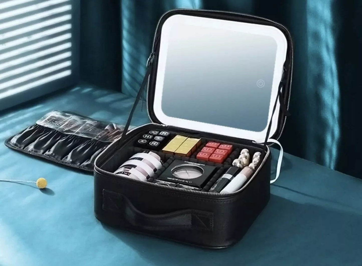 Makeup Bag With LED Light Mirror PU Makeup Case Cosmetic Box Black