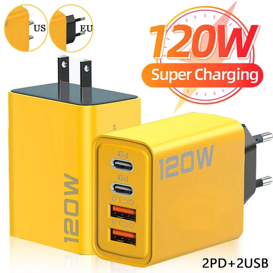 120W Fast Charger: Type C USB PD Charger with Quick Charge 3.0. This USB charger adapter works for iPhone 15, 14, 13, Samsung, and Xiaomi. Perfect for wall charging!