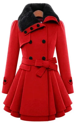 The Women's Winter Slim Long Wool Sherpa Coat is a double-breasted, padded, and England-style trench coat.