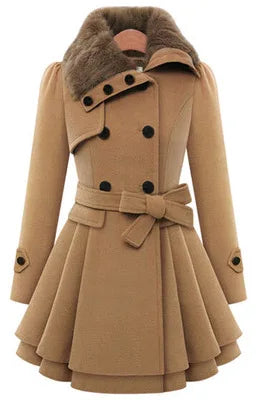 The Women's Winter Slim Long Wool Sherpa Coat is a double-breasted, padded, and England-style trench coat.