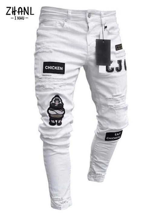 High-quality hip hop men's trousers in stretchy, ripped, skinny, embroidered jeans and white pants with distressed holes and slim fit.