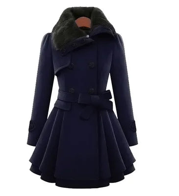 The Women's Winter Slim Long Wool Sherpa Coat is a double-breasted, padded, and England-style trench coat.