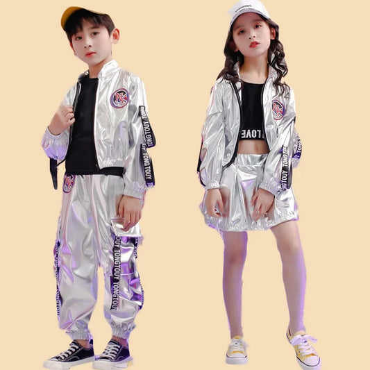 Children's silver hip hop dance costume for stage performances. Suitable for boys and girls, this outfit includes a stylish jazz jacket and pants, perfect for ballroom, street dancing, and shows.