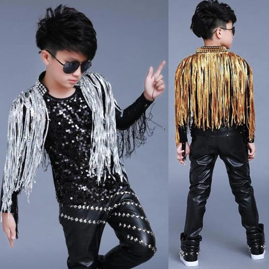 Sequined Fringe Coat for Jazz Dance – Gold and Silver Fringed Shawl for Boys – Hip Hop Street Dance Outfit