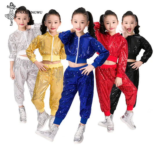 Kids' Jazz Dance Costumes: Shiny Sequin Hip-Hop Outfits for Boys and Girls. Perfect for Dance Performances and Team Events!