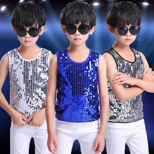 Shining Silver Vest for Stage Performances. Kids' Hip Hop and Jazz Dance Clothes. Sequin Outfits for Boys in Chorus and Drumming.