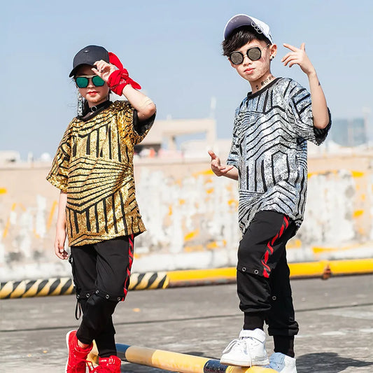 Sequin Hip Hop Clothes for Kids – Jazz Dance Outfits for Boys and Girls. Includes T-shirts, joggers, and shorts for ballroom dancing