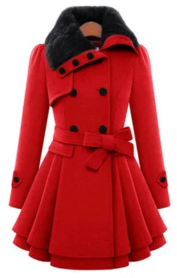 The Women's Winter Slim Long Wool Sherpa Coat is a double-breasted, padded, and England-style trench coat.