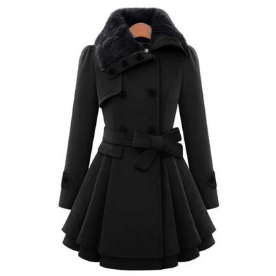 The Women's Winter Slim Long Wool Sherpa Coat is a double-breasted, padded, and England-style trench coat.