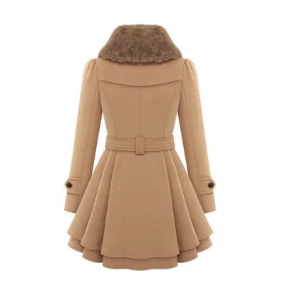 The Women's Winter Slim Long Wool Sherpa Coat is a double-breasted, padded, and England-style trench coat.