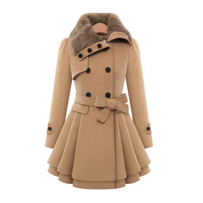 The Women's Winter Slim Long Wool Sherpa Coat is a double-breasted, padded, and England-style trench coat.