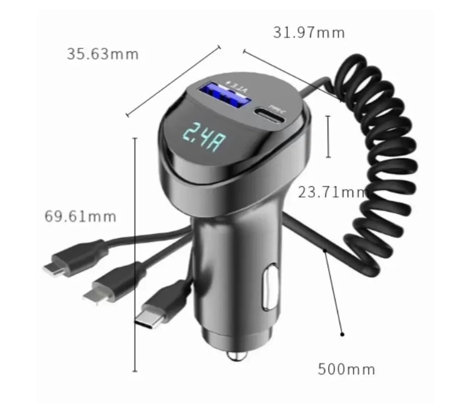 2 Ports55W  USB Fast Car Phone Charger 3.1A with Voltage Display Car Three In One USB Retractable Charging Cable