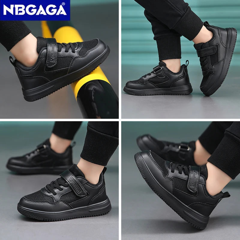 pair of lightweight, non-slip, children's sneaker shoes made of black leather for casual wear.