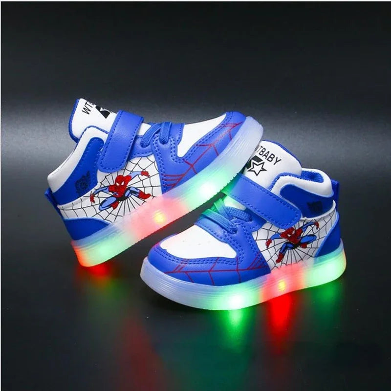 Disney Children's Led Light Shoes Fashion Aoger Spiderman Boys Sneakers Girls Cartton Casual Shoes Breathable Kids Sport Shoes.