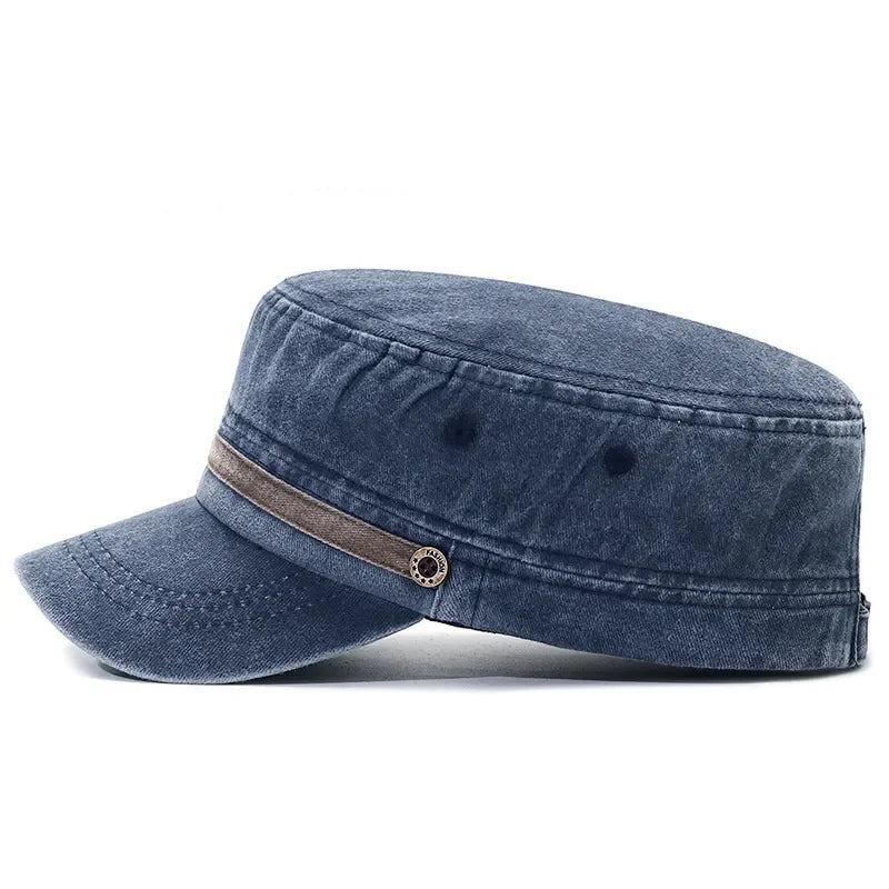 Washed Hat Distressed Cotton Flat Top Hat Cotton Breathable Button Cap