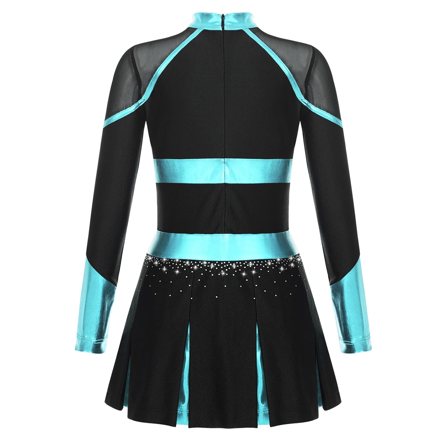 Girls' Cheerleading Dance Outfit: Long Sleeve Shiny Dress with Rhinestones and Sheer Mesh for School Performances.