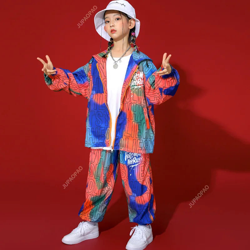 Kid's Kpop Hip Hop Clothing Set: Zip-Up Hoodie with Letter Print and Jogger Pants. Perfect for streetwear and jazz dance costumes for both girls and boys.