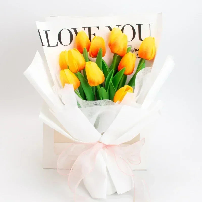 The item includes 3/5 pieces of artificial flowers, including tulips, which are a real touch bouquet suitable for wedding decorations and home decor.