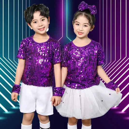 Kids' Street Dance Clothes: Shiny Purple Hip Hop and Jazz Outfits for Boys and Girls. Perfect for Kindergarten Stage Performances and Festivals!