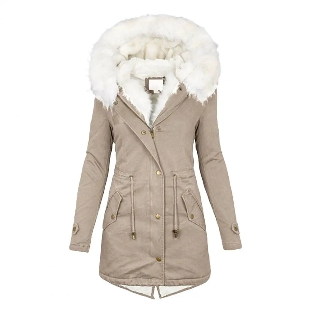 The Lady Coat features a furry hooded plush lined mid-length cold-proof outerwear with pockets and a drawstring waist for a comfortable and stylish daily overcoat.