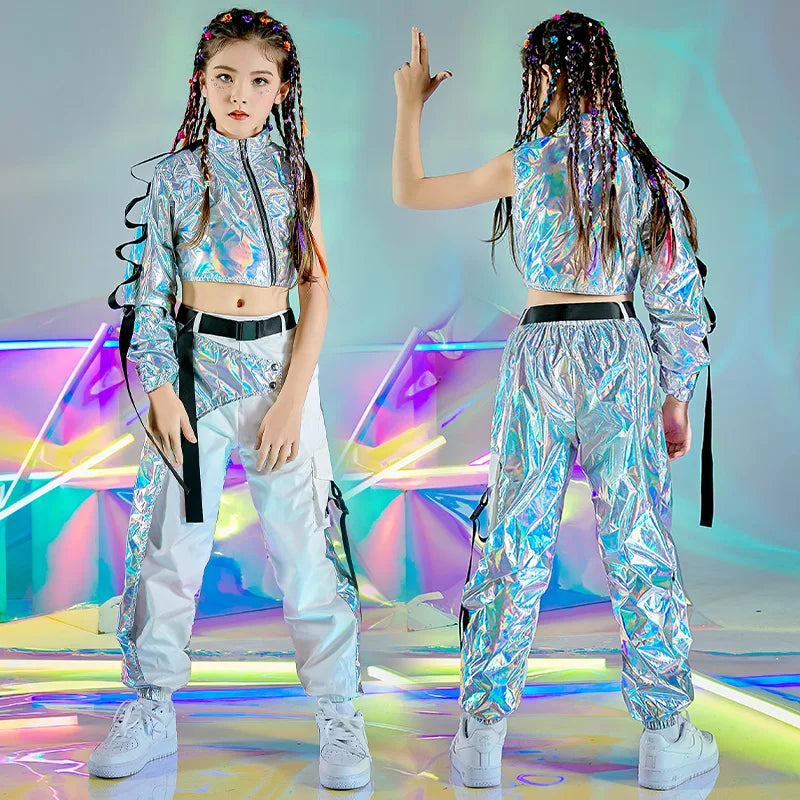 PU Hip-Hop Dance Clothes: Reflective rave outfits for girls. Includes stylish crop tops and cargo pants, perfect for jazz dance, festivals, or catwalk shows.