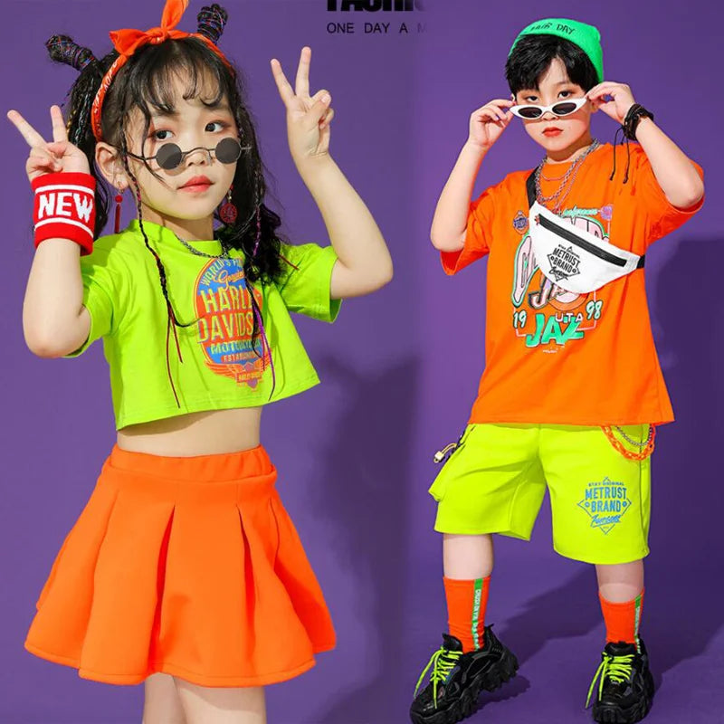 Hip Hop Clothing for Kids: T-shirts, tops, summer skirts, and shorts. Perfect for streetwear, jazz dance, and cheerleading outfits for both girls and boys!