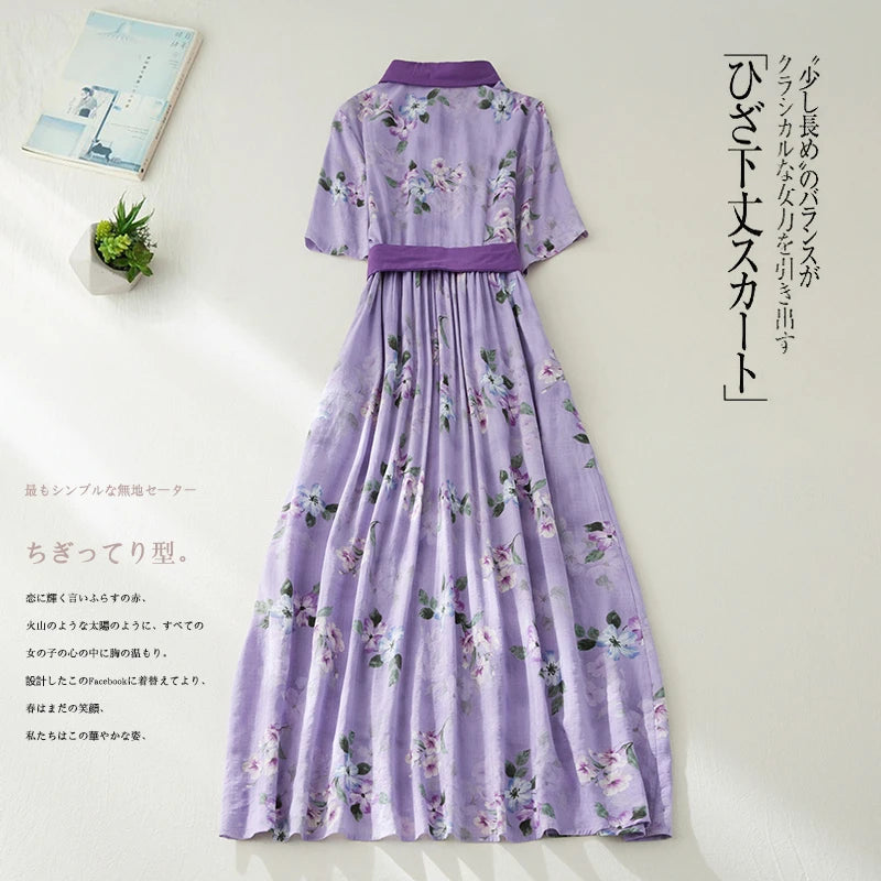 Purple Maxi Dress for women. It features a flower print, vintage style, high waist, and turn-down neck.