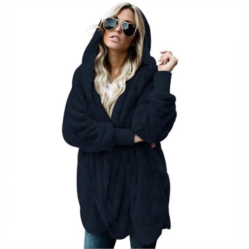 Winter Double Fleece Cardigan Jacket Women Solid Color Long Sleeve Plush Warm Hooded