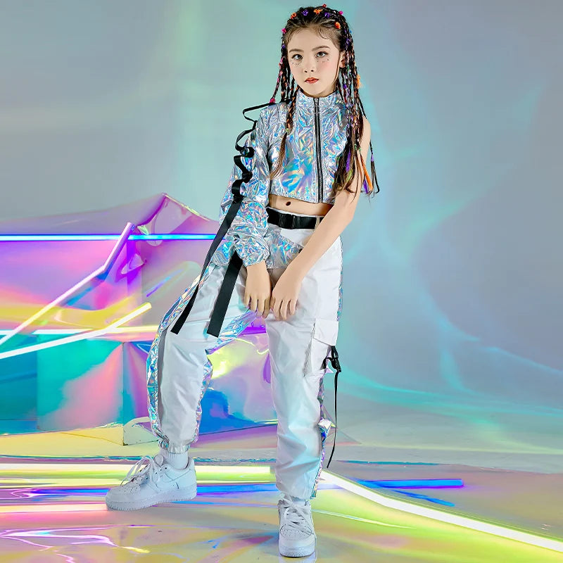 PU Hip-Hop Dance Clothes: Reflective rave outfits for girls. Includes stylish crop tops and cargo pants, perfect for jazz dance, festivals, or catwalk shows.