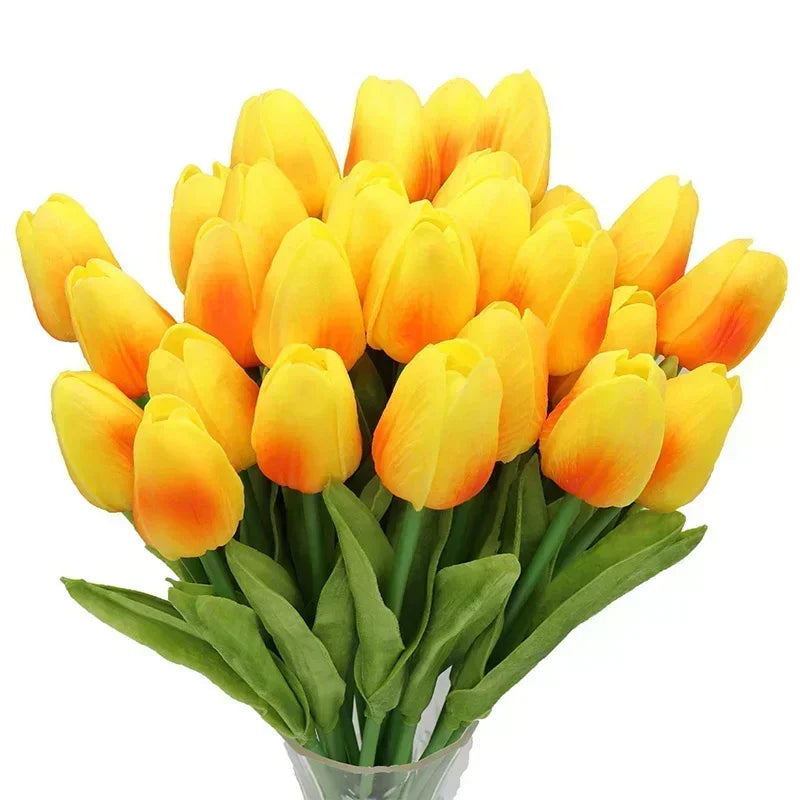 The item includes 3/5 pieces of artificial flowers, including tulips, which are a real touch bouquet suitable for wedding decorations and home decor.