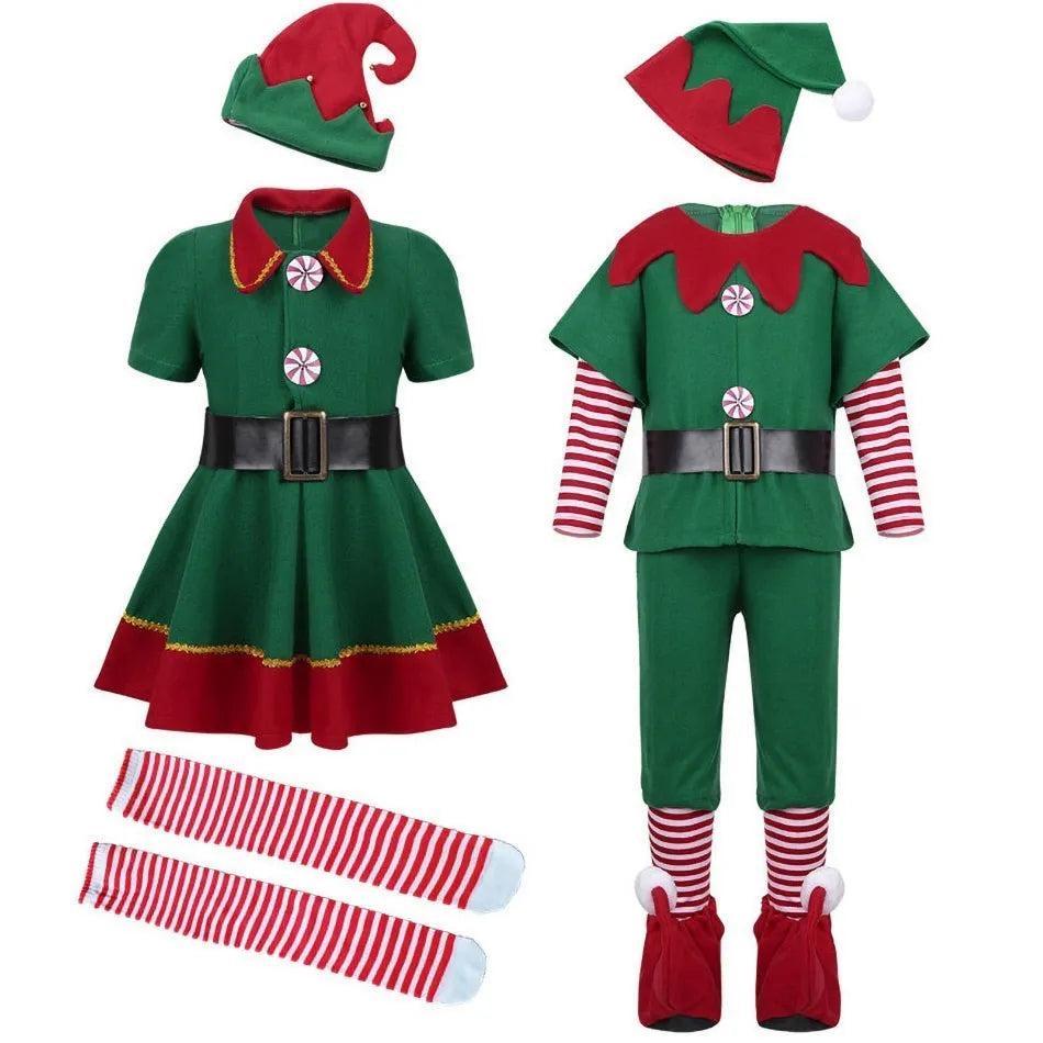 2024 Christmas Clothing Set for Kids and Adults: Matching Outfits for the Whole Family! This set includes Santa Claus costumes with hats, socks, pants, and elf clothes. Perfect for holiday celebrations!