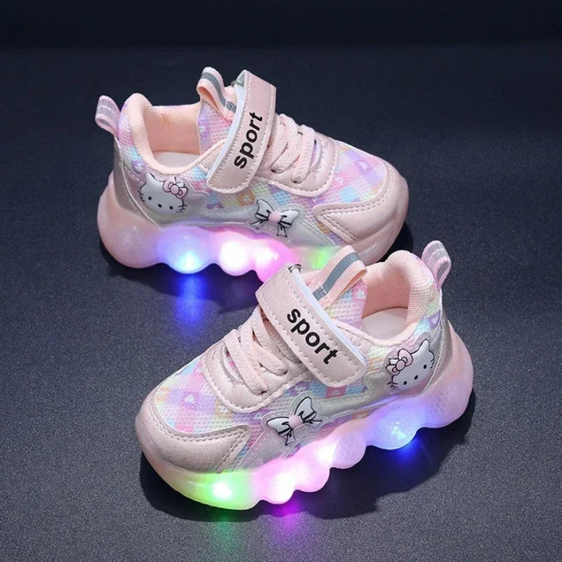 cute Hello Kitty casual shoe suitable for baby girls, children, toddlers, walking, and kids, featuring LED light sneakers and anti-slip features.