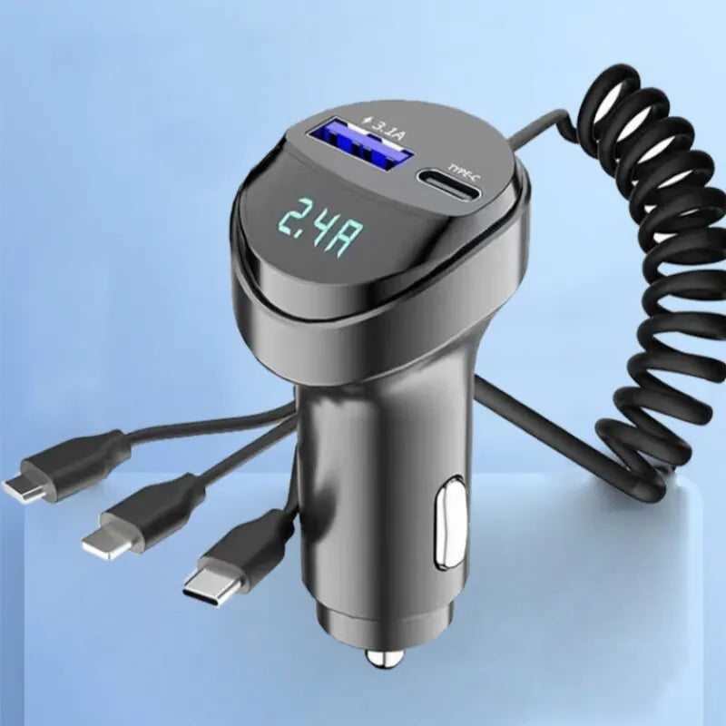 2 Ports55W  USB Fast Car Phone Charger 3.1A with Voltage Display Car Three In One USB Retractable Charging Cable