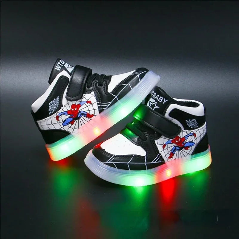 Disney Children's Led Light Shoes Fashion Aoger Spiderman Boys Sneakers Girls Cartton Casual Shoes Breathable Kids Sport Shoes.