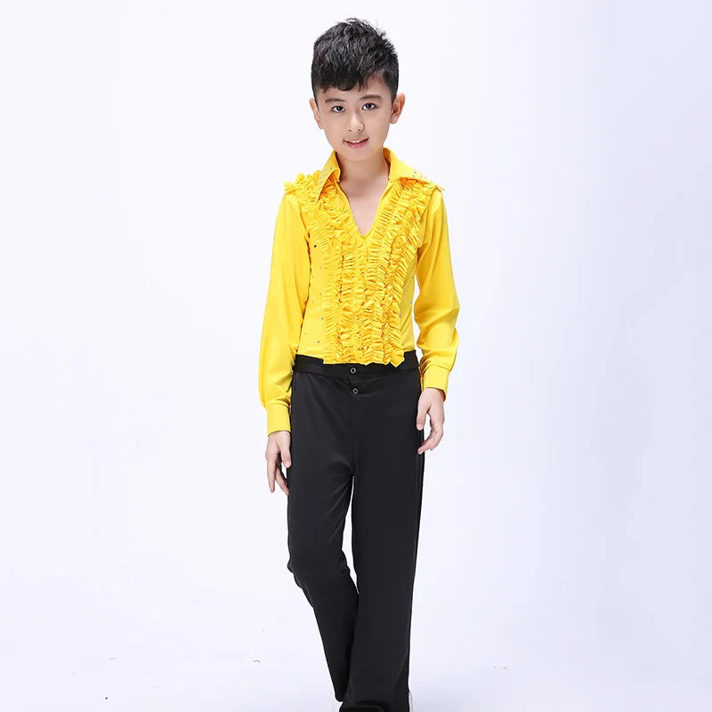 Boys' Latin dance outfits, kids' dance costumes, tassel training outfits for boys and girls, and ballet performance costumes.