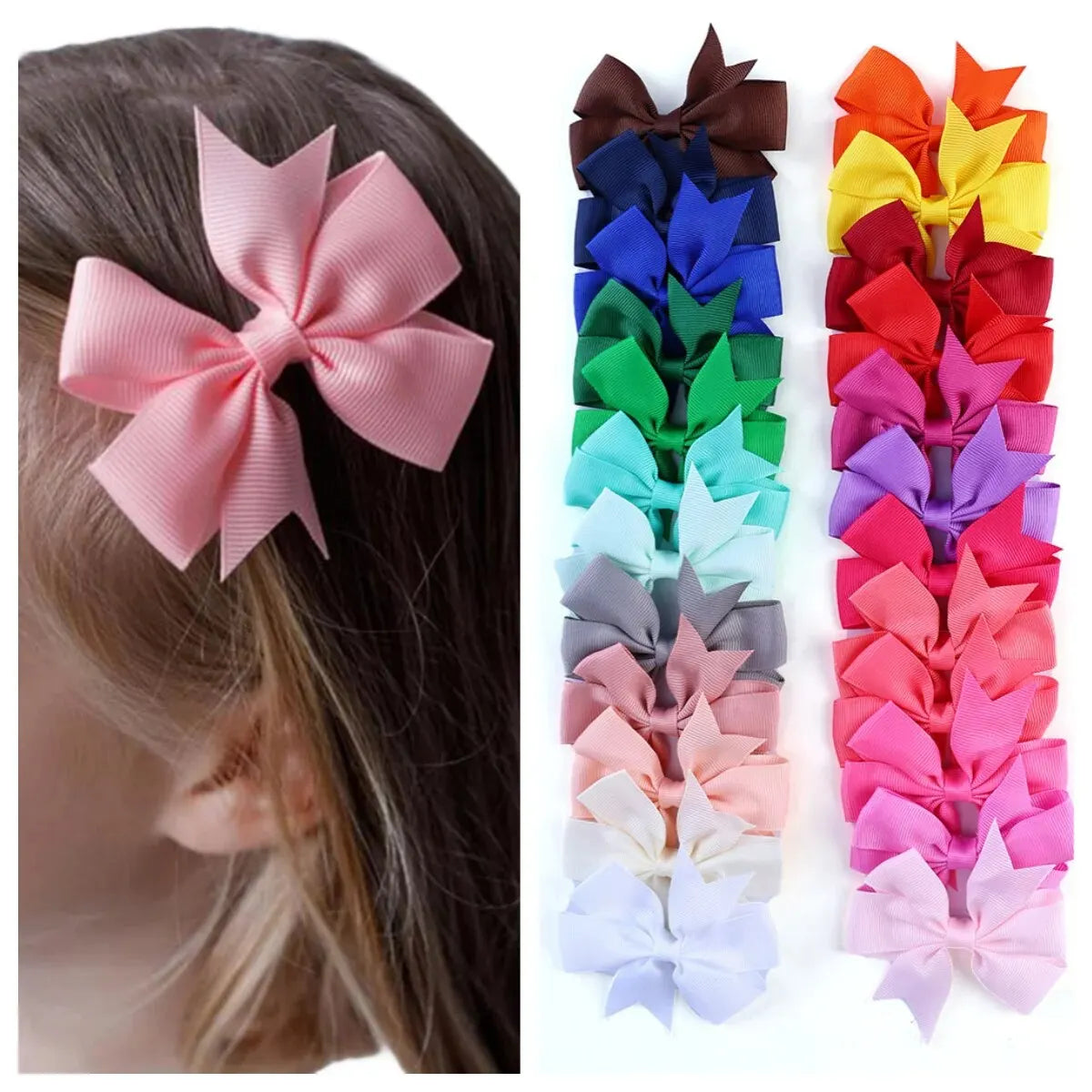 24-Piece Set of Solid Grosgrain Ribbon Hair Clips for Girls. These handmade hair bows are perfect for children aged 3 to 14. Ideal hair accessories for any hairstyle!