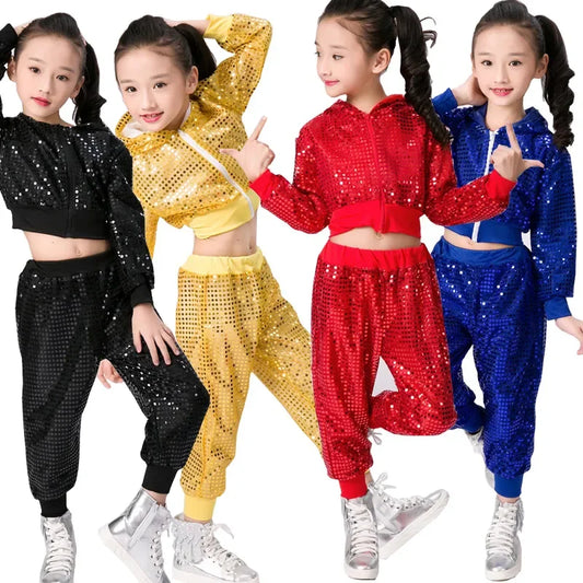 Girls' crop top and pants performance outfit. Perfect for cheerleading, jazz dance, and hip hop. Features sequins for a fun look. Suitable for kids and boys.