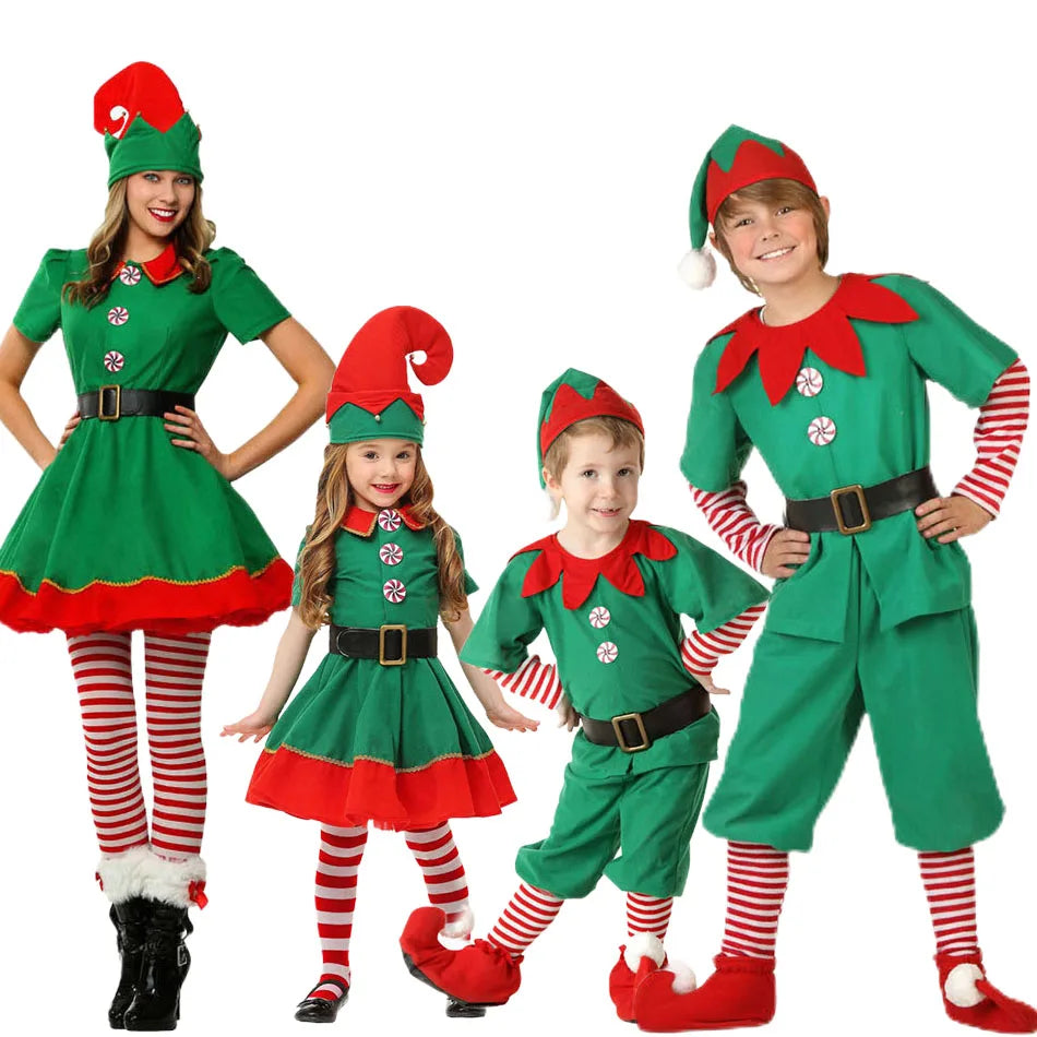 2024 Christmas Clothing Set for Kids and Adults: Matching Outfits for the Whole Family! This set includes Santa Claus costumes with hats, socks, pants, and elf clothes. Perfect for holiday celebrations!