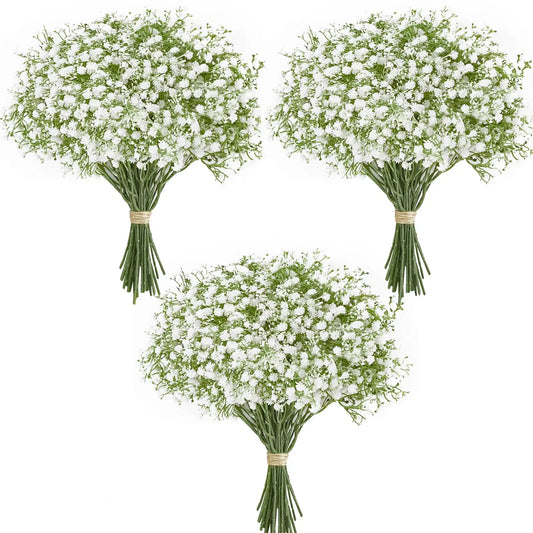 The item includes 10/15 artificial flowers, including baby breath flower fake Gypsophila, suitable for weddings, parties, home decorations, and DIY floral bouquets.