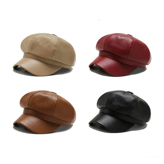 Autumn and Winter Leather Octagonal Hat Women's British Style