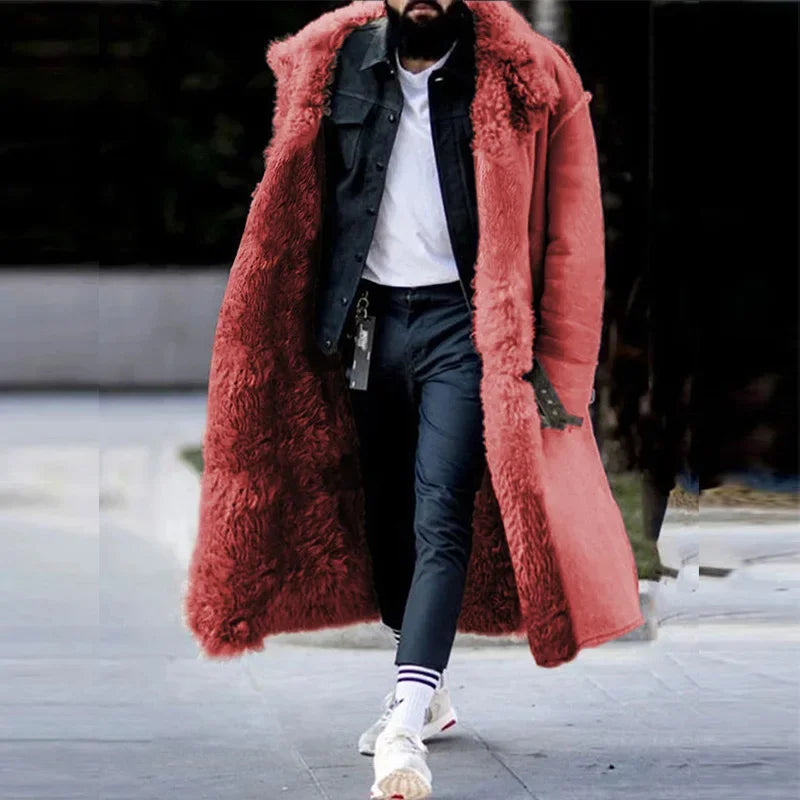 2025 Winter Mens Coat features a thickened Imitation Fur Jacket, solid cardigan, and male long overcoat in size 5XL.