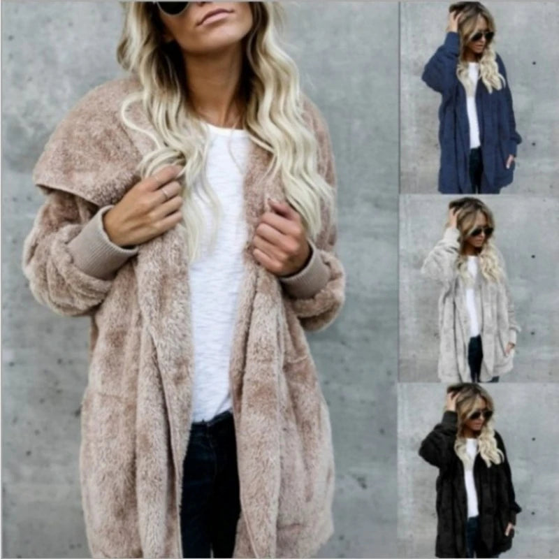 Winter Double Fleece Cardigan Jacket Women Solid Color Long Sleeve Plush Warm Hooded