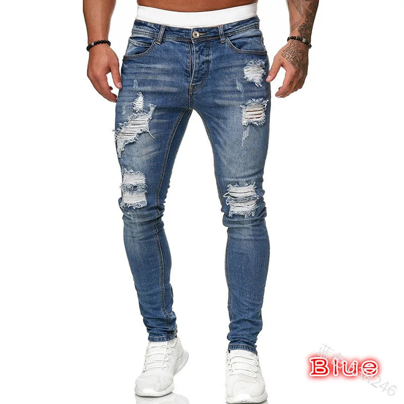 Men's slim-fit jeans with a ripped, vintage denim look. These stylish, ankle-length pants have distressed holes and a punk-inspired design.