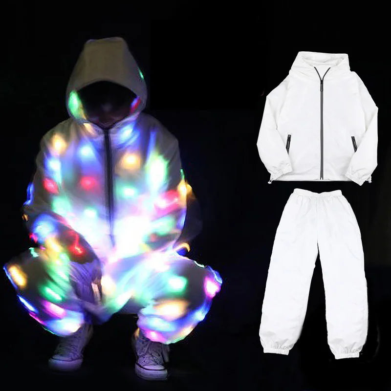 LED Light Up Rave Jacket for Adults and Kids. Perfect for dance performances and fancy dress. Features flashing LED lights and is waterproof, making it great for night runs and fun events!