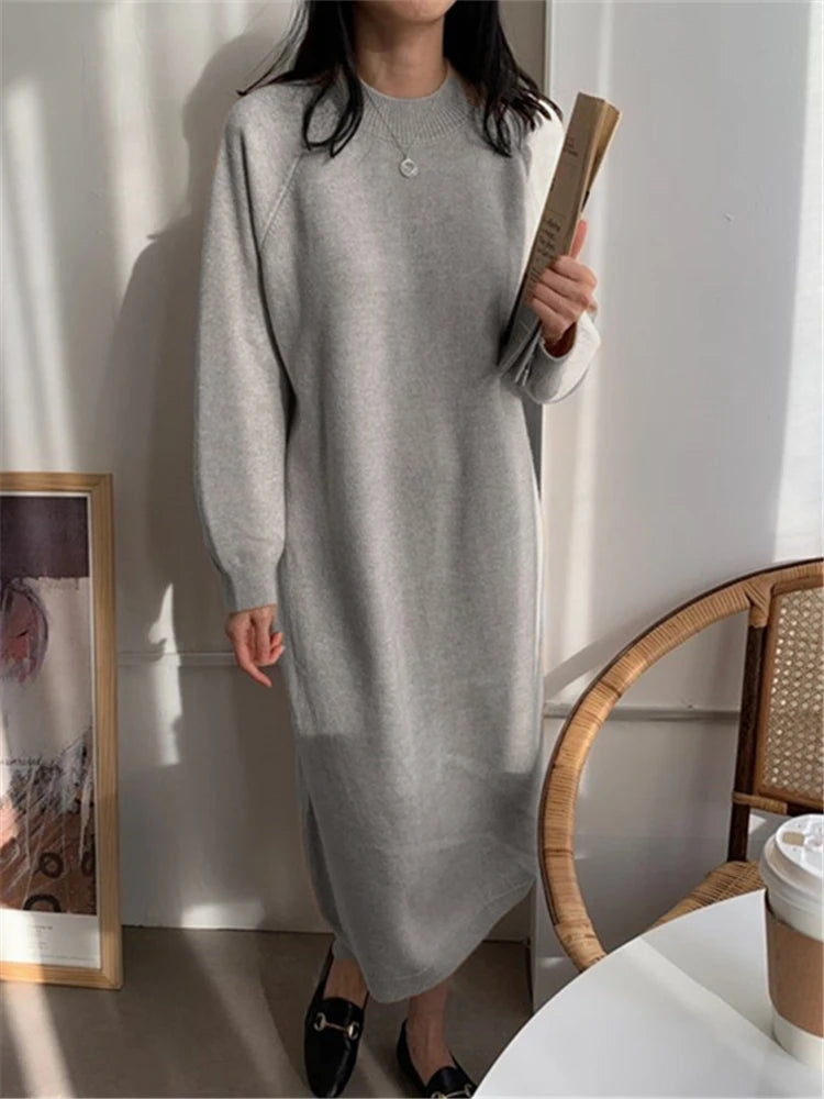 Autumn Winter  New O-Neck Casual Loose Knitted Dress Female Straight Long Sleeve