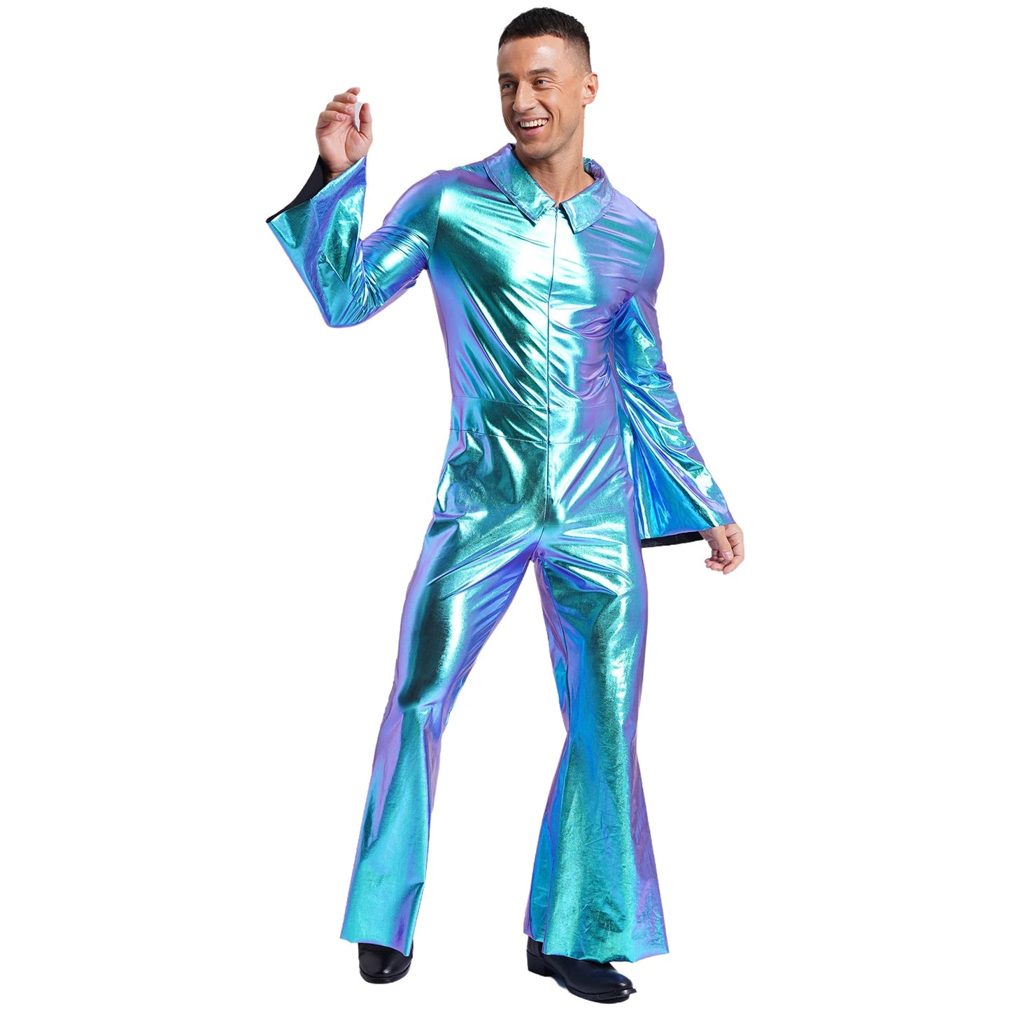 Men's 70s Disco Jumpsuit Costume – Perfect for retro disco, music festivals, Halloween parties, and fancy dress events. Great for jazz dancing and embracing that hippie vibe!