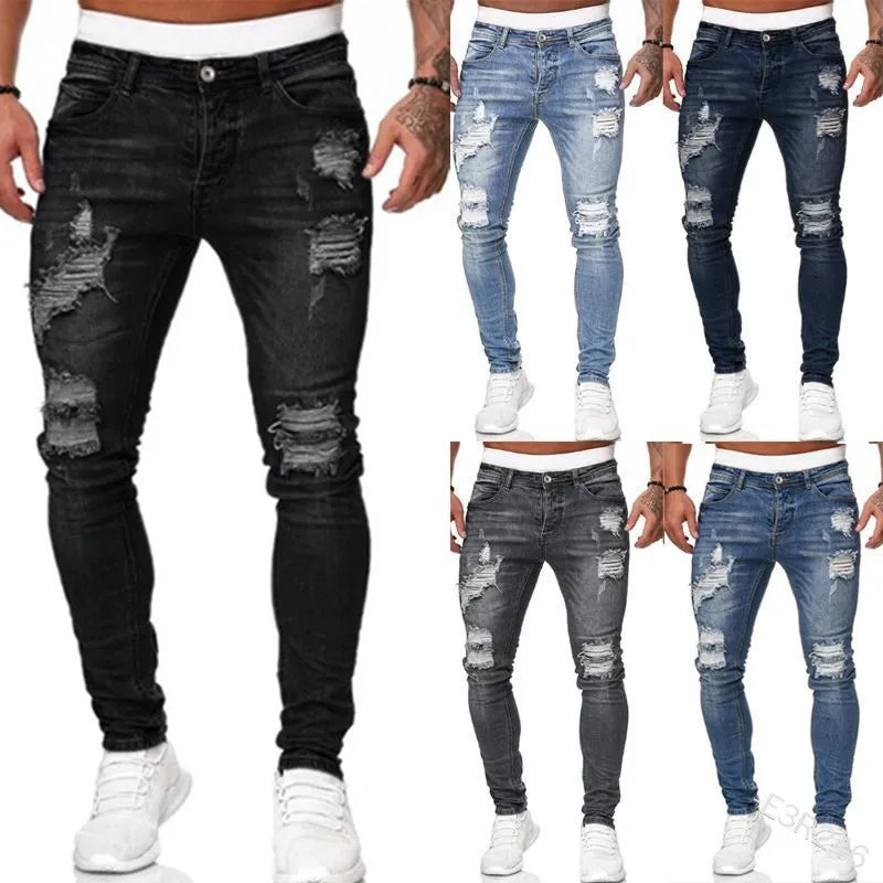 Men's slim-fit jeans with a ripped, vintage denim look. These stylish, ankle-length pants have distressed holes and a punk-inspired design.