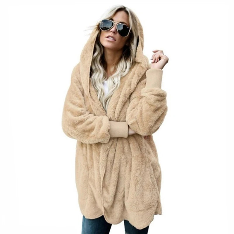 Winter Double Fleece Cardigan Jacket Women Solid Color Long Sleeve Plush Warm Hooded