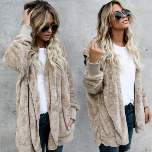 Winter Double Fleece Cardigan Jacket Women Solid Color Long Sleeve Plush Warm Hooded