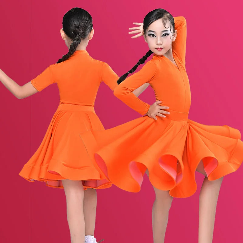 Girls' Latin Dance Training Costume – New Performance Outfit for Children – Competition-Ready Dance Dress.